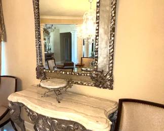 Antique silver leaf mirror and heavy marble top Regency table 
