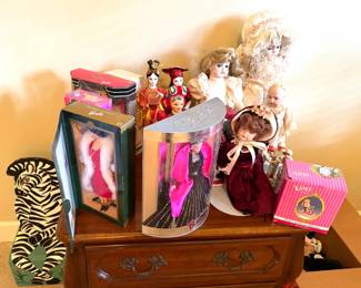 Collection of New in Box Barbies and Other Collectible Dolls, including Composite Dolls, Vintage Doll High Chair