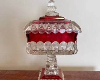 Vintage Cranberry Colored Lidded Pedestal Candy Dish