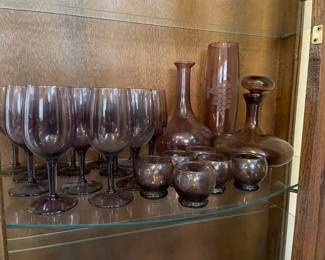 Purple Glassware Including Stemmed Glasses Decanter Footed Glasses  Etched Vase