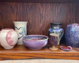 Collection Of Colorful Signed Pottery Vases Bowls  Heart