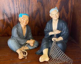 Vintage Japanese Ceramic Figurines Of Seated Fishermen