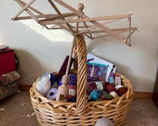Basket Of Yarn With Wooden Umbrella Yarn Swift