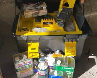Stanley Rolling Crate With Hand Tools  Some Chemicals