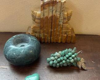 Carved Stone Bookends Green Marble Votive Holder Polished Green Heart  Cluster Of Stone Grapes 