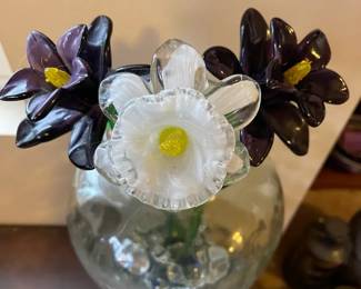 Large Glass Vase Filled With Glass Pebbles  Hand Blown Glass Daffodils