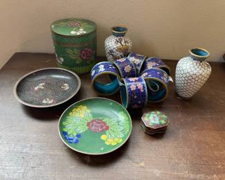 Asian Cloisonne Enameled Plates Napkin Holders Mini Vases  Trinket Boxes