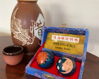 Chinese Exercise Balls With Pottery Bud Vase