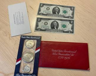 Bicentennial Silver Uncirculated Coins And Two Dollar Bills