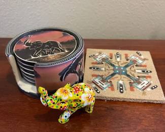 Kenyan Soapstone Coasters Navajo Sand Painting Coaster  Painted Ceramic Elephant