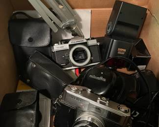 Vintage Film Cameras  Various Accessories With Old Film Bounce Light System  Pamphlets