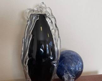 Black Art Glass Vase Signature Unknown  Blue Glass Ball With Clear Stem