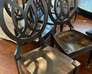 Six Italian Dark Wood Dining Chairs With Oval Medallion Interlocking Geometric Pattern