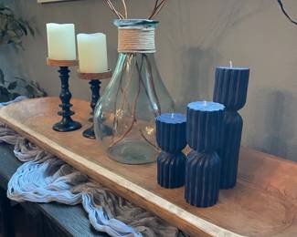 Long Hand Carved Wooden Trough With Pillar Candles  Hand Blown Glass Vase With Twine