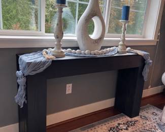 Restoration Hardware Black Wood Sideboard Table With Pillar Candles Decor  Ring Shaped Table Vase