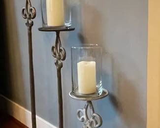 Set Of 3Wrought Iron Floor Standing Pillar Candle Holders With Glass Hurricane