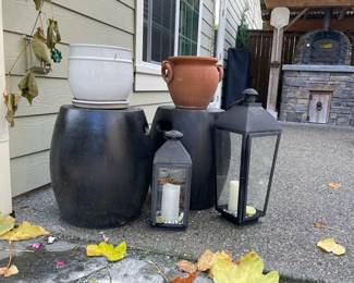 Dark Textured Ceramic Drum Tables Planter Pots  Outdoor LED Lanterns