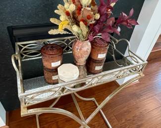 Silver Toned Serving Tray Table With Mirrored Top Marble Coasters  Vase With Arrangement  Candles