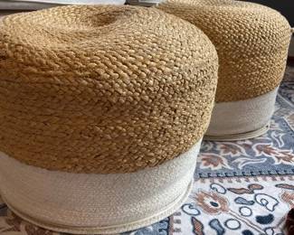 Hand Braided Jute Pouf Ottomans With Brown Chenille Throw Blankets