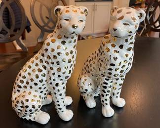 Pair Of White  Metallic Gold Ceramic Sitting Leopards