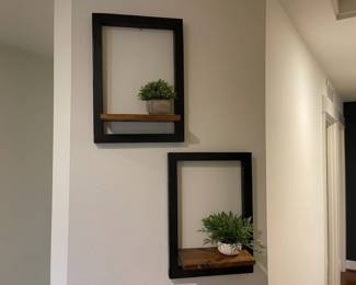 Black Frame  Natural Wood Wall Shelves With Artificial Plants