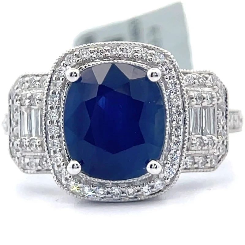 NEW! 4.24 Carat Natural Blue Sapphire & Diamond Halo Filigree Ring in 18k White Gold