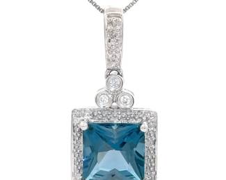 2.75 Carat Natural London Blue Topaz & Diamond Halo Drop Pendant in 14k White Gold