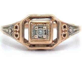 Natural Diamond Open Halo Vintage Art Deco Ring in 14k Yellow Gold