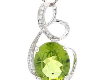 3.73 Carat Natural Peridot & Diamond Infinity Ribbon Pendant in 14k White Gold