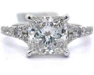 3.50 Carat Diamond Princess & Round Split Shank Cathedral Ring in 14k White Gold w/ Report