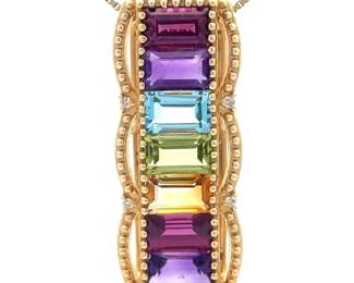 Natural Garnet, Amethyst, Blue Topaz, Peridot, Citrine Baguette Slide Pendant in 14k Gold w/ Diamonds