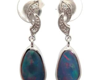 Natural Opal Inlay & Diamond Ribbon Drop Earrings