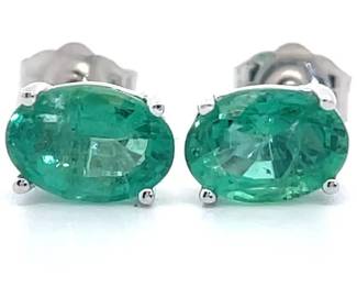 Oval Natural Emerald Stud Earrings in 14k White Gold