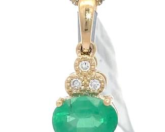 NEW! 0.81 Carat Natural Emerald & Diamond Cluster Drop Pendant in 14k Yellow Gold