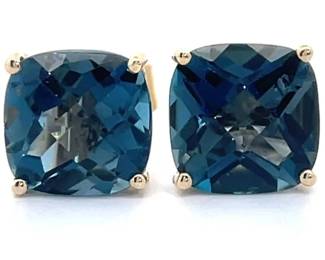 3.05 Carat London Blue Topaz Cushion Cut Solitaire Stud Earrings in 14k Yellow Gold