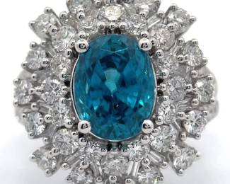 NEW! 7.62 Carat Natural Aqua Zircon & Diamond Ballerina Cocktail Cluster Ring in Platinum