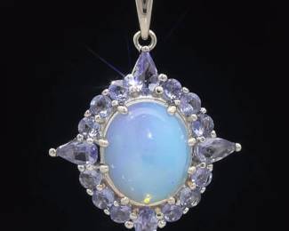 Cabochon White Opal & Natural Tanzanite Cluster Drop Pendant Necklace