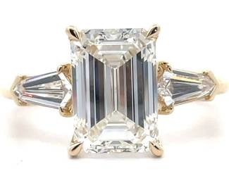 NEW! 4.25 Carat Diamond Emerald Cut Three-Stone Ring in 14k Yellow Gold w/ IGI Report