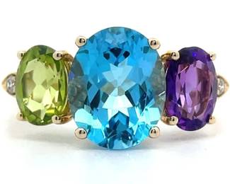 Natural Blue Topaz, Amethyst & Peridot Three-Stone Ring in 14k Yellow Gold with Diamonds