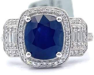 NEW! 4.24 Carat Natural Blue Sapphire & Diamond Halo Filigree Ring in 18k White Gold