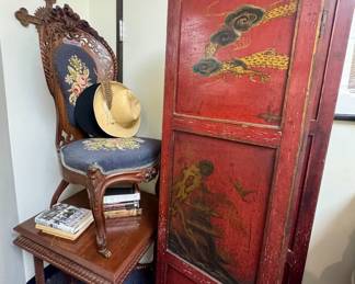 Chinoiserie / Asian-inspired decorative folding screen featuring a red base coat with gold and multi-colored painted, gilt motifs recerse side may even be prettier with black base and gold and red detail $200 . antique Victorian-style square parlor or library table features signature barley twist (or rope-twist) legs and carved claw feet, library or hall table 19th-century Merklin ?