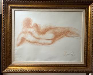 • Medium & Style: Rei BE x sanguine (red-orange chalk/crayon) contour and crosshatch style on paper, showing a graceful female figure from behind Signed and numbered