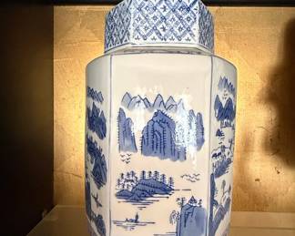 Blue and White Hexagonal Ginger Jar