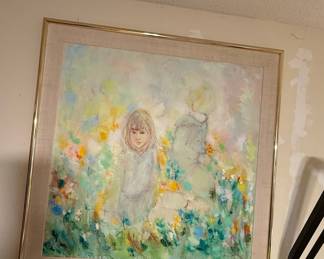 E. Farris Impressionist Children in Garden Painting
