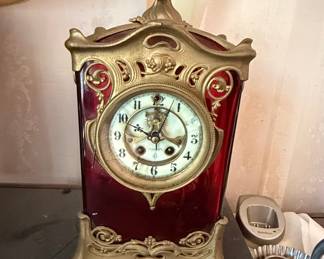 French Art Nouveau Gilt Bronze and Ruby Glass Mantel Clock