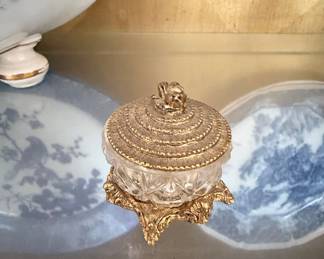 Vintage French-Style Gilt Metal and Cut Glass Vanity Jar