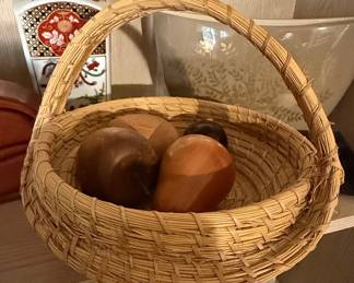 Woven Wicker Basket with Decorative Wooden Fruit