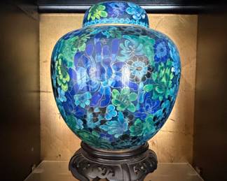 Chinese Cloisonné Floral Ginger Jar / Urn with Stand