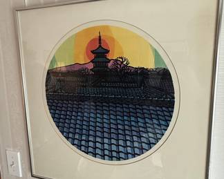 Masao Ido (1945-2016) Woodblock Print: Sunset Glow (Pagoda)