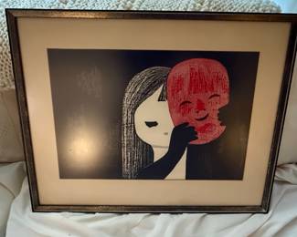 Kaoru Kawano 'Child with Mask' Woodblock Print